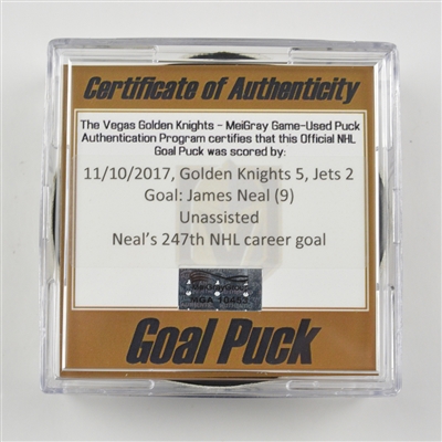 James Neal - Vegas Golden Knights - Goal Puck - November 10, 2017 vs. Winnipeg Jets (Golden Knights Logo)