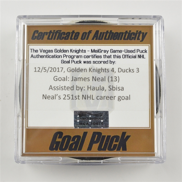 James Neal - Vegas Golden Knights - Goal Puck - December 5, 2017 vs. Anaheim Ducks (Golden Knights Logo)
