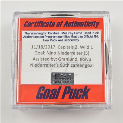 Nino Niederreiter - Minnesota Wild - Goal Puck - November 18, 2017 vs. Washington Capitals (Capitals Logo)