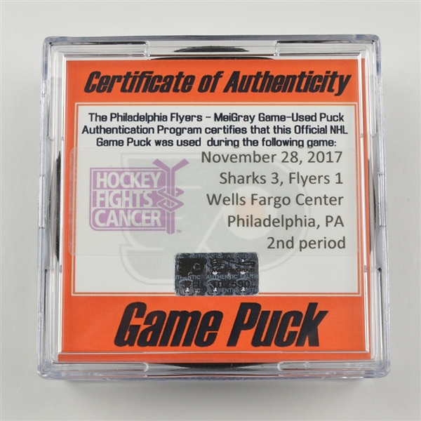 Game-Used Puck - Philadelphia Flyers - HFC Night, Nov. 28, 2017 - 2nd Period - 1 of 2 (Flyers HFC Logo)