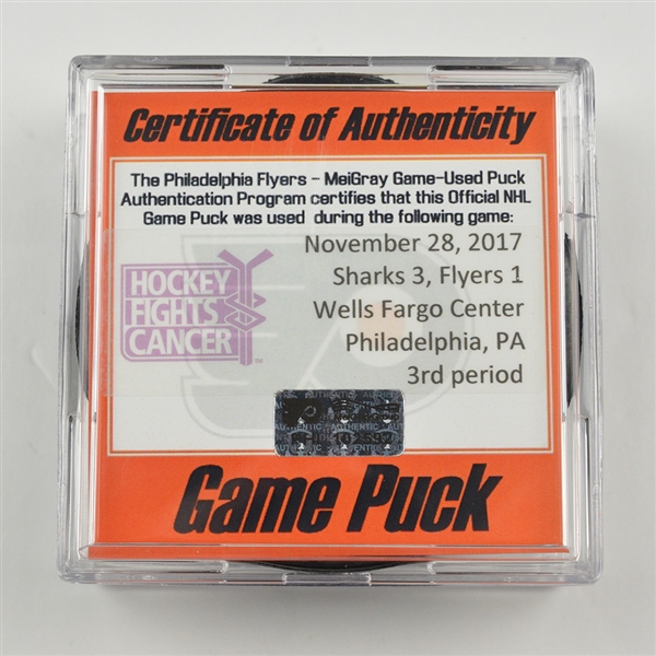 Game-Used Puck - Philadelphia Flyers - HFC Night, Nov. 28, 2017 - 3rd Period - 1 of 1 (Flyers HFC Logo)