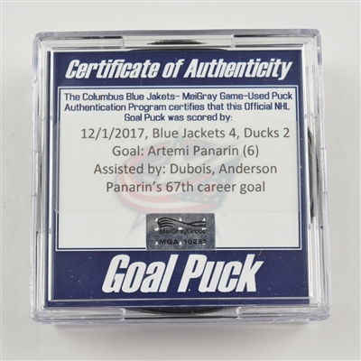 Artemi Panarin - Columbus Blue Jackets - Goal Puck - December 1, 2017 vs. Anaheim Ducks (Blue Jackets Logo)
