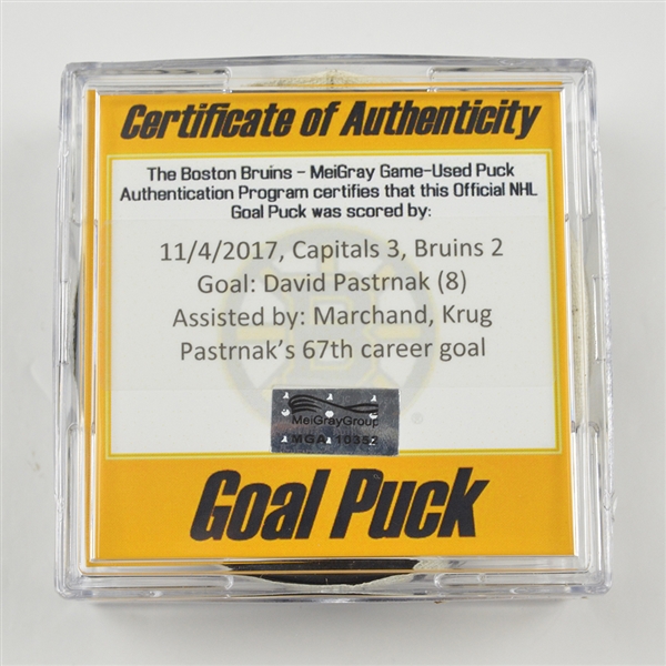David Pastrnak - Boston Bruins - Goal Puck - November 4, 2017 vs. Washington Capitals (Bruins Logo)