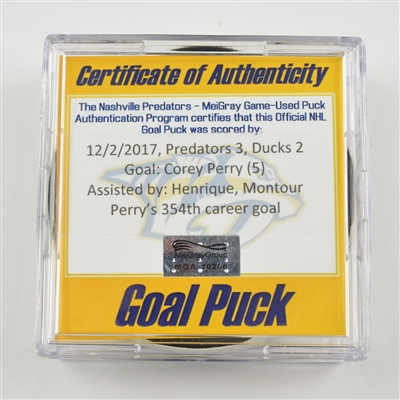 Corey Perry - Anaheim Ducks - Goal Puck - December 2, 2017 vs. Nashville Predators (Predators Logo)