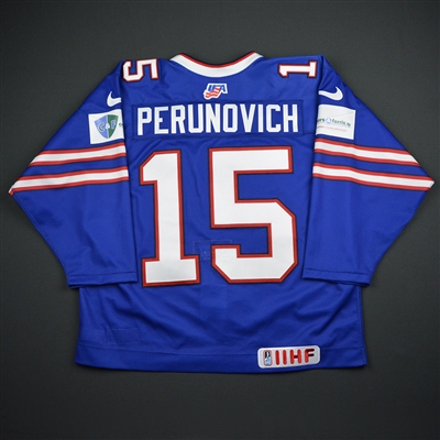Scott Perunovich - 2018 U.S. IIHF World Junior Championship - Game-Worn Buffalo Bills-themed Jersey