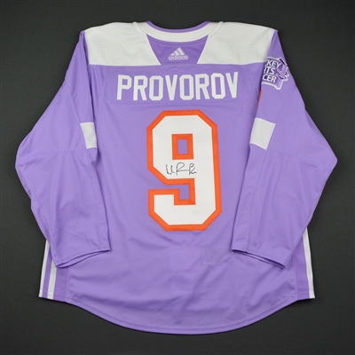 Ivan Provorov - Philadelphia Flyers - 2017 Hockey Fights Cancer - Warmup-Worn Autographed Jersey