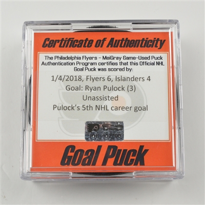 Ryan Pulock - New York Islanders - Goal Puck - January 4, 2018 vs. Philadelphia Flyers (Flyers Logo)