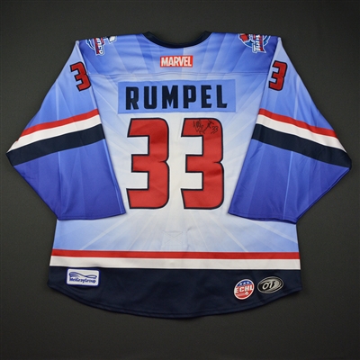 Joel Rumpel - Wichita Thunder - 2017-18 MARVEL Super Hero Night - Game-Worn Back-up Only Autographed Jersey
