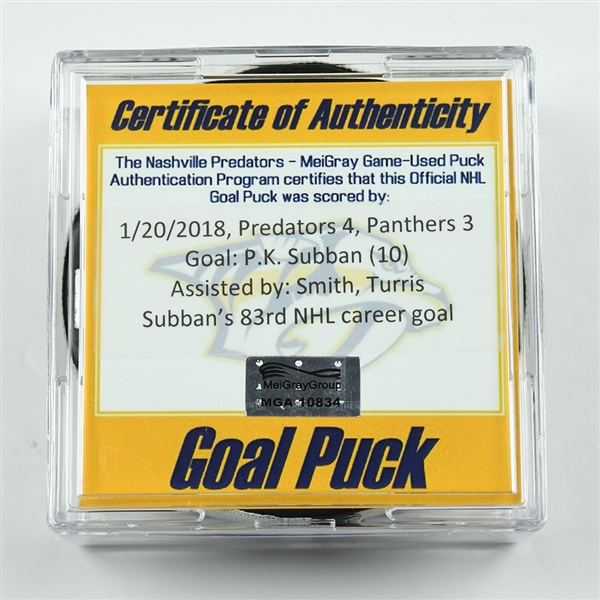 P.K. Subban - Nashville Predators - Goal Puck - January 20, 2018 vs. Florida Panthers (Predators Logo)