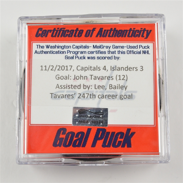 John Tavares - New York Islanders - Goal Puck - November 2, 2017 vs. Washington Capitals (Lavender HFC Capitals Logo)