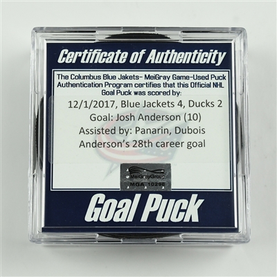 Josh Anderson - Columbus Blue Jackets - Goal Puck - December 1, 2017 vs. Anaheim Ducks (Blue Jackets Logo)