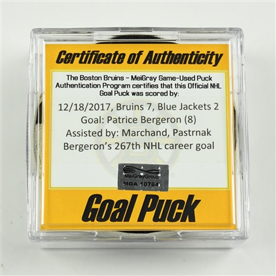 Patrice Bergeron - Boston Bruins - Goal Puck - December 18, 2017 vs. Columbus Blue Jackets (Bruins Logo)