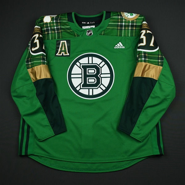 شبك مزرعه Boston Bruins #37 Patrice Bergeron St. Patrick's Day Green Jersey فيرست شو