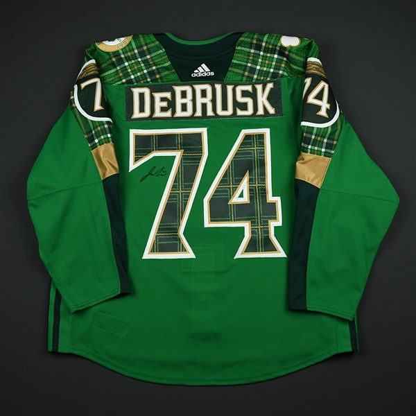 Jake DeBrusk - Boston Bruins - St. Patricks Day-Themed Warmup-Worn Autographed Jersey - March 6, 2018