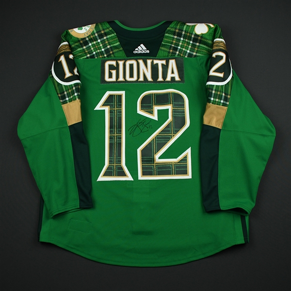 Brian Gionta - Boston Bruins - St. Patricks Day-Themed Warmup-Worn Autographed Jersey - March 6, 2018