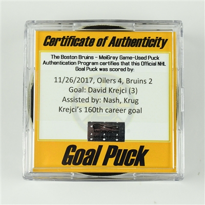 David Krejci - Boston Bruins - Goal Puck - November 26, 2017 vs. Edmonton Oilers (Bruins Logo)