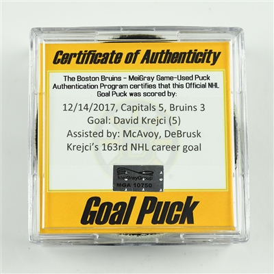 David Krejci - Boston Bruins - Goal Puck - December 14, 2017 vs. Washington Capitals (Bruins Logo)