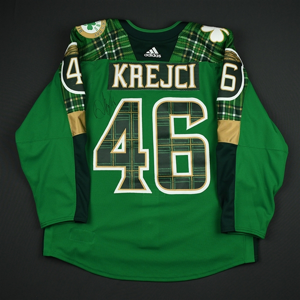 David Krejci - Boston Bruins - St. Patricks Day-Themed Warmup-Worn Autographed Jersey w/A - March 6, 2018