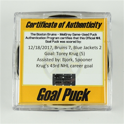 Torey Krug - Boston Bruins - Goal Puck - December 18, 2017 vs. Columbus Blue Jackets (Bruins Logo)