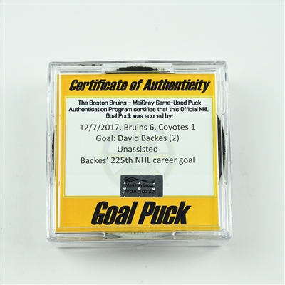 David Backes - Boston Bruins - Goal Puck - December 7, 2017 vs. Arizona Coyotes (Bruins Logo)