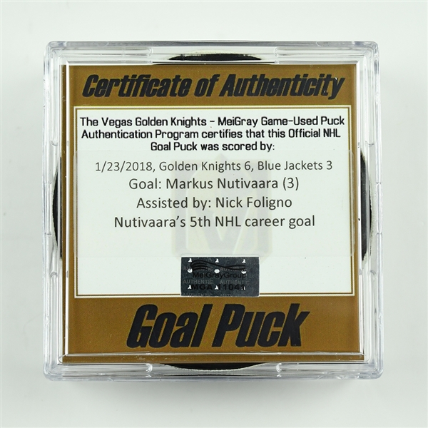 Markus Nutivaara - Columbus Blue Jackets - Goal Puck - January 23, 2018 vs. Vegas Golden Knights (Golden Knights Logo)