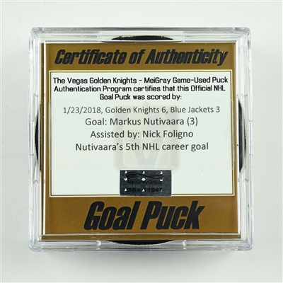 Markus Nutivaara - Columbus Blue Jackets - Goal Puck - January 23, 2018 vs. Vegas Golden Knights (Golden Knights Logo)