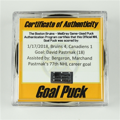 David Pastrnak - Boston Bruins - Goal Puck - January 17, 2018 vs. Montreal Canadiens (Bruins Logo)