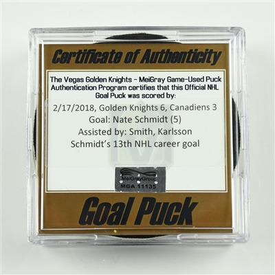 Nate Schmidt - Vegas Golden Knights - Goal Puck - February 17, 2018 vs. Montreal Canadiens (Golden Knights Logo)