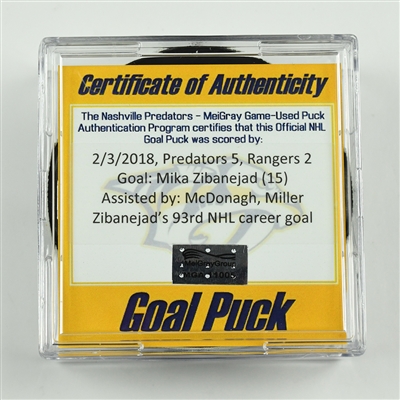Mika Zibanejad - New York Rangers - Goal Puck - February 3, 2018 vs. Nashville Predators (Predators Logo)