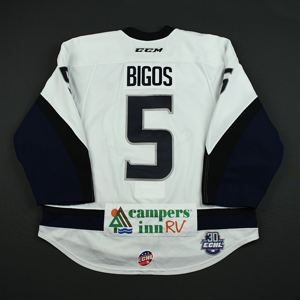 Kyle Bigos - Jacksonville Icemen - 2017-18 Regular Season Game-Worn White Jersey w/A
