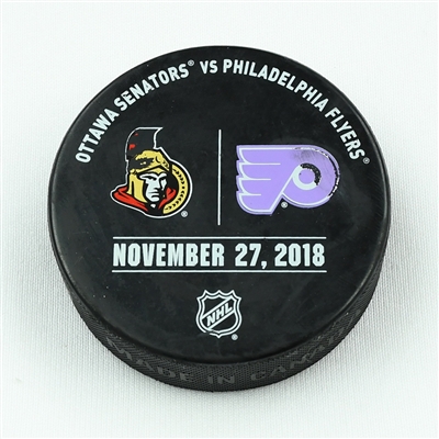 Warmup-Used Puck - Philadelphia Flyers - Hockey Fights Cancer Night - November 27, 2018