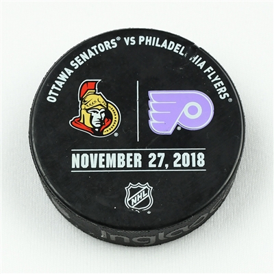 Warmup-Used Puck - Philadelphia Flyers - Hockey Fights Cancer Night - November 27, 2018