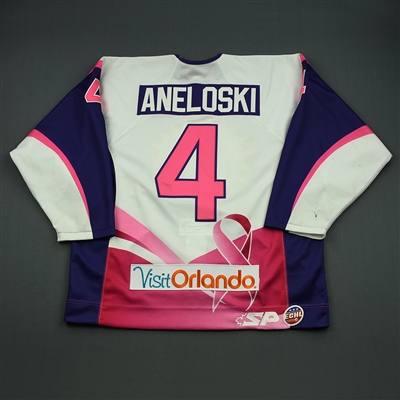 Bryce Aneloski - 2013-14 Orlando Solar Bears - White & Pink Hockey Fights Cancer  - Game-Worn Jersey 