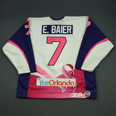 Eric Baier - 2013-14 Orlando Solar Bears - White & Pink Hockey Fights Cancer  - Game-Worn Autographed Jersey 