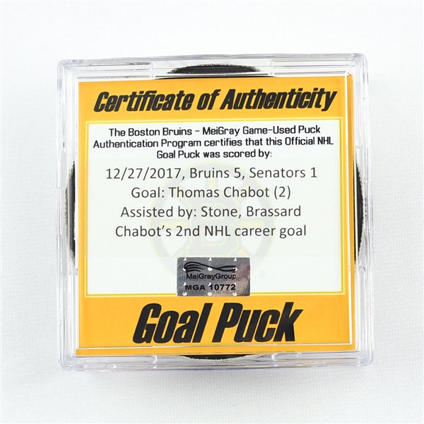 Thomas Chabot - Ottawa Senators - Goal Puck (2nd Career NHL Goal) - December 27, 2017 vs. Boston Bruins (Bruins Logo)