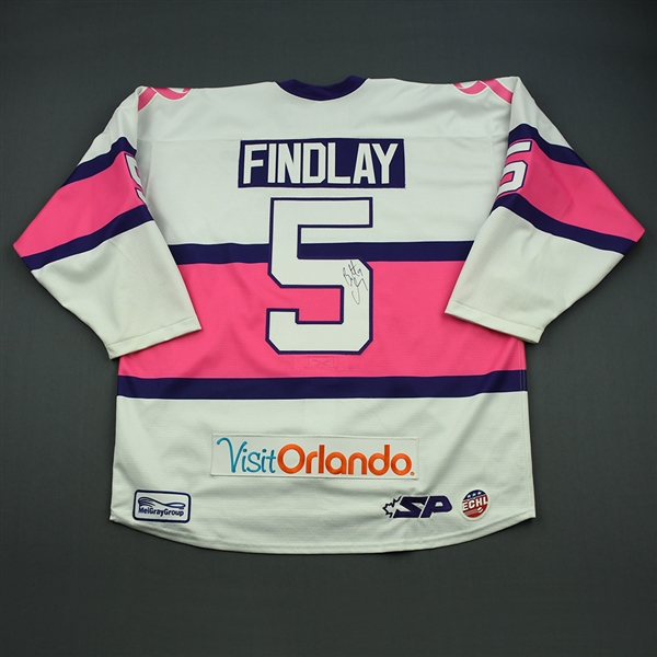 Brett Findlay - 2014-15 Orlando Solar Bears - White & Pink Hockey Fights Cancer - Game-Worn Autographed Jersey 
