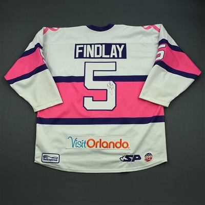 Brett Findlay - 2014-15 Orlando Solar Bears - White & Pink Hockey Fights Cancer - Game-Worn Autographed Jersey 