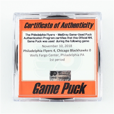 Philadelphia Flyers - Game Puck -  November 10, 2018 vs. Chicago Blackhawks (Flyers Camo Logo) PHI103240