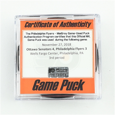 Game-Used Puck - Philadelphia Flyers - HFC Night, Nov. 27, 2018 - 3rd Period - 1 of 3 (Flyers HFC Logo)