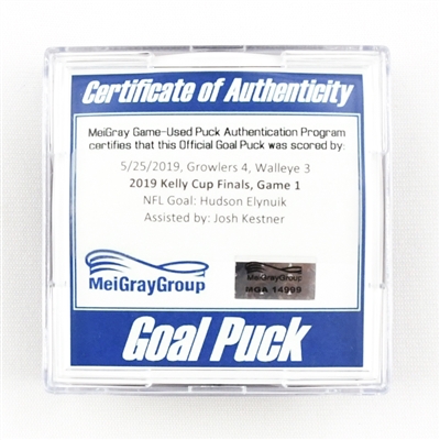 Hudson Elynuik - Goal Puck - Kelly Cup Finals Gm. 1 - 5/25/19 - Goal #2 - MGA14999