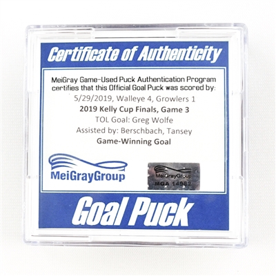 Greg Wolfe - Goal Puck - Kelly Cup Finals Gm. 3 - 5/29/19 - Goal #3 - MGA14982