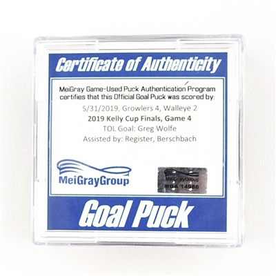 Greg Wolfe - Goal Puck - Kelly Cup Finals Gm. 4 - 5/31/19 - Goal #2 - MGA14986
