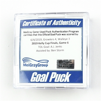 A.J. Jenks - Goal Puck - Kelly Cup Finals Gm. 6 - 6/4/19 - Goal #7 - MGA27510