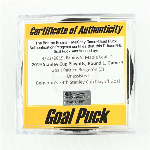 Patrice Bergeron - Bruins - Goal Puck - April 23, 2019 vs. Maple Leafs (Bruins Logo) - 2019 Stanley Cup Playoffs - Round 1, Game 7