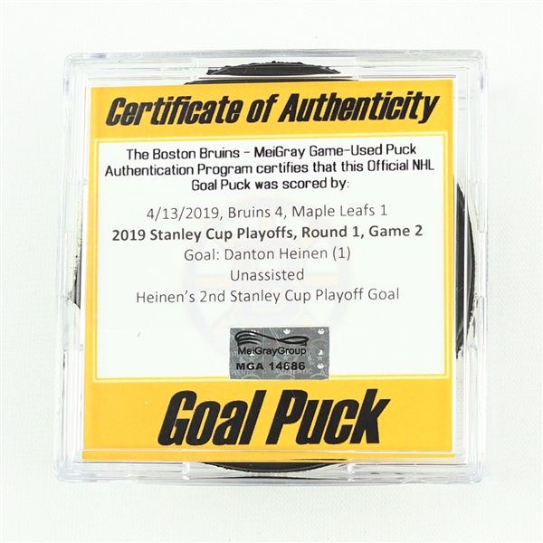 Danton Heinen - Bruins - Goal Puck - April 13, 2019 vs. Maple Leafs (Bruins Logo) - 2019 Stanley Cup Playoffs - Round 1, Game 2