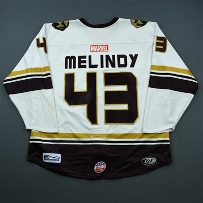James Melindy - NewFoundland Growlers - 2018-19 MARVEL Super Hero Night - Game-Worn Autographed Jersey w/C and Socks 