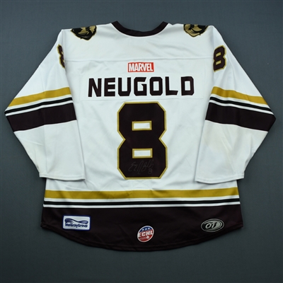 Evan Neugold - NewFoundland Growlers - 2018-19 MARVEL Super Hero Night - Game-Worn Autographed Jersey and Socks 