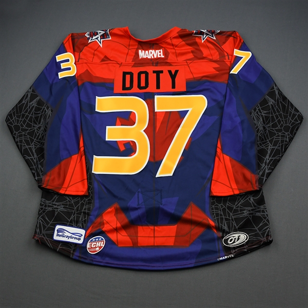 Jacob Doty - Spider-Man - 2019-20 MARVEL Super Hero Night - Game-Issued Jersey and Socks 