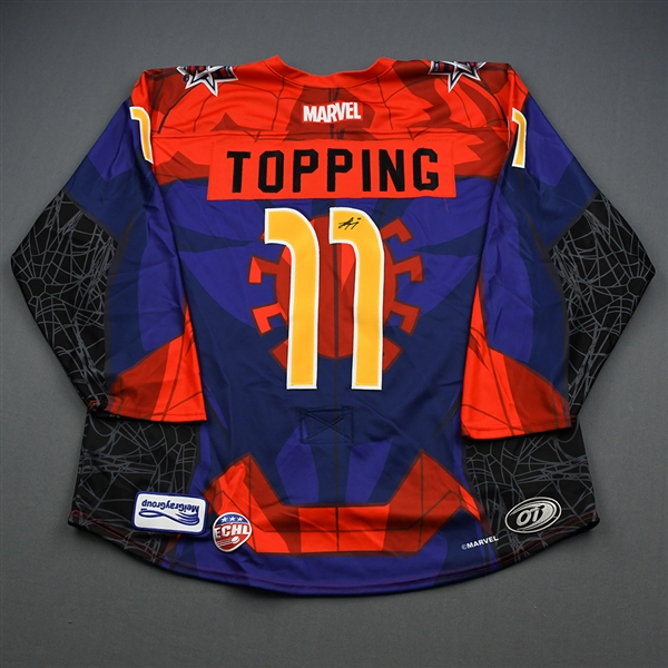 Jordan Topping - Spider-Man - 2019-20 MARVEL Super Hero Night - Game-Worn Autographed Jersey and Socks 