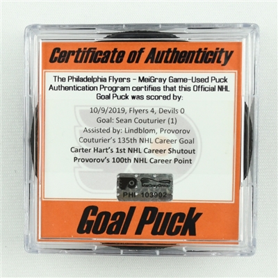 Sean Couturier - Goal Puck - Oct. 9, 2019 vs. Devils (Flyers Logo) - Carter Harts 1st NHL Career Shutout - Provorovs 100th NHL Career Point